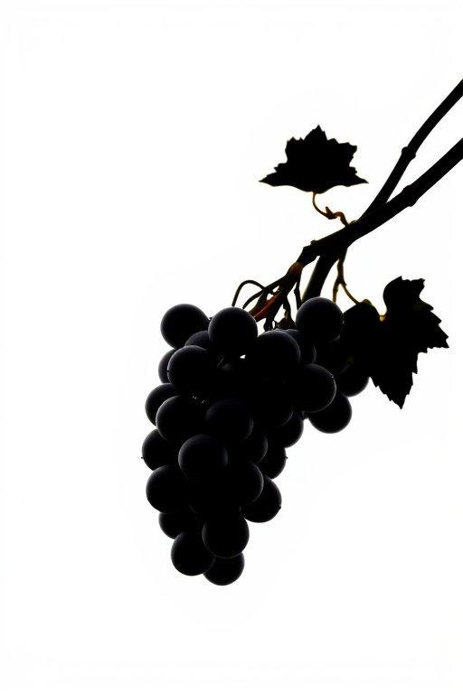 Capture a high-resolution image of a simple black silhouette of a grape cluster against a white background using a Canon EOS R5 with an EF 85mm f/1.2L lens, aperture set to f/2.8, ISO 100, and a shutter speed of 1/200s for optimal clarity and contrast.