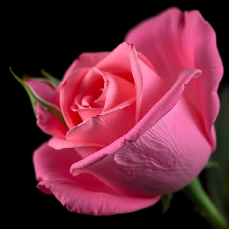 A close-up shot of a blooming pink rose with unopened buds, captured with a Canon EOS R5 at f/2.8, ISO 100, 1/200 sec, in soft diffused lighting against a black background.