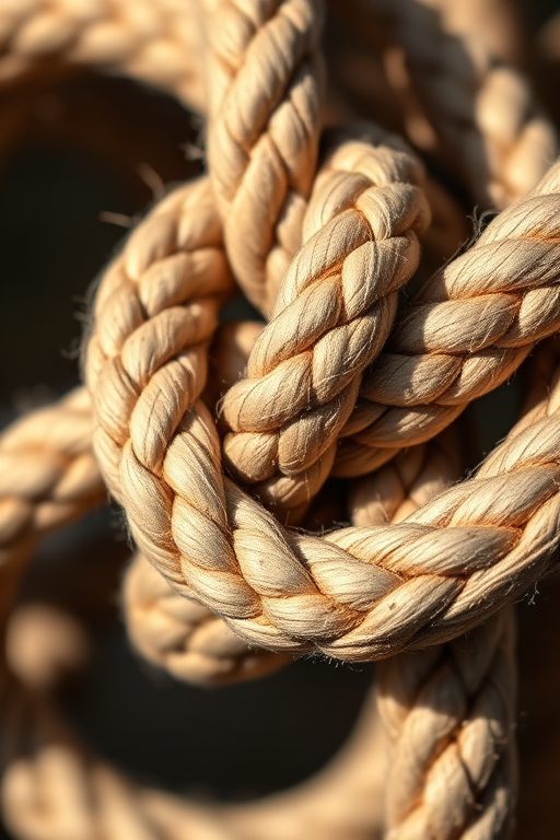 Create a highly detailed and realistic image of a complex knot with intricate textures and shadows, using a DSLR camera with a 50mm lens, aperture set to f/2.8, ISO 100, and a shallow depth of field, ensuring a close-up view with natural lighting for enhanced clarity.