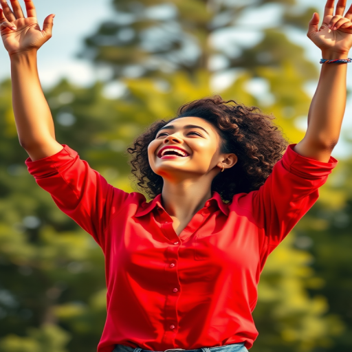 Create a high-resolution digital illustration of a strong, determined woman celebrating her success with raised arms in a vibrant red shirt, using a DSLR camera with a 50mm lens, f/1.8 aperture, ISO 100, and natural lighting for an uplifting atmosphere.
