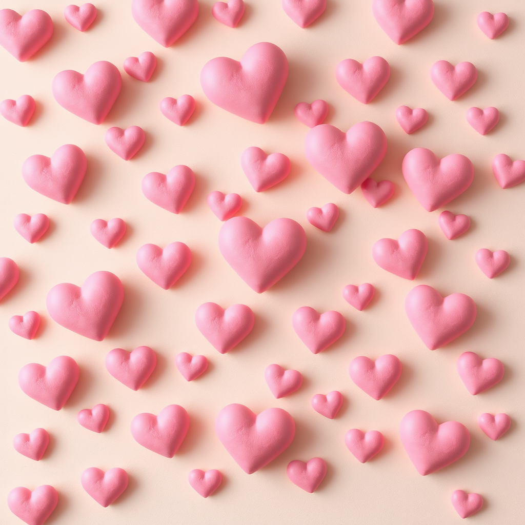 Create a pattern of soft pink hearts on a light beige background, use a Canon EOS R5 camera, aperture f/2.8, 50mm lens, natural lighting, top-down view, digital illustration style.