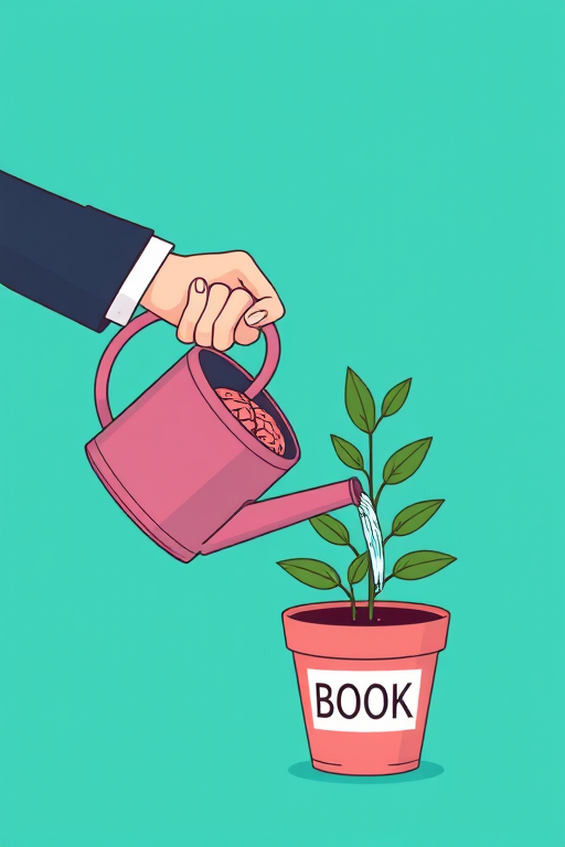 Illustrate a hand in a business suit watering a potted plant with a brain inside using a watering can labeled "BOOK," maintain a clean and minimalist design, use a bright turquoise background, capture in 4K resolution, with an aperture of f/2.8, ISO 100, and a 35mm lens for sharp focus and vivid colors.