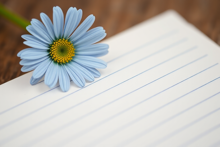 A close-up shot of a light blue daisy positioned in the top left corner of a blank lined notebook page, using a DSLR camera with a 50mm f/1.8 lens, aperture set to f/2.8, ISO 100, and a shallow depth of field to create a soft background blur.