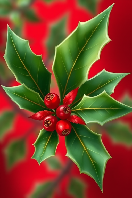 Create an illustration of a holly leaf with red berries against a vibrant red background, using a digital art style, with high-resolution settings of 300 DPI, a focus of f/2.8 for a soft background blur, and a view from a slightly angled perspective.