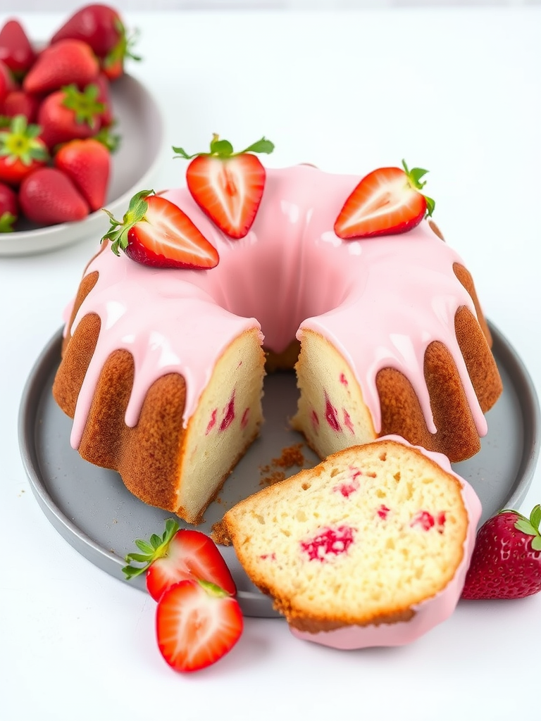 A beautifully baked bundt cake topped with pink frosting and fresh strawberry slices served on a gray plate with a slice cut out, showcasing the moist texture and strawberry bits inside, set against a light background.