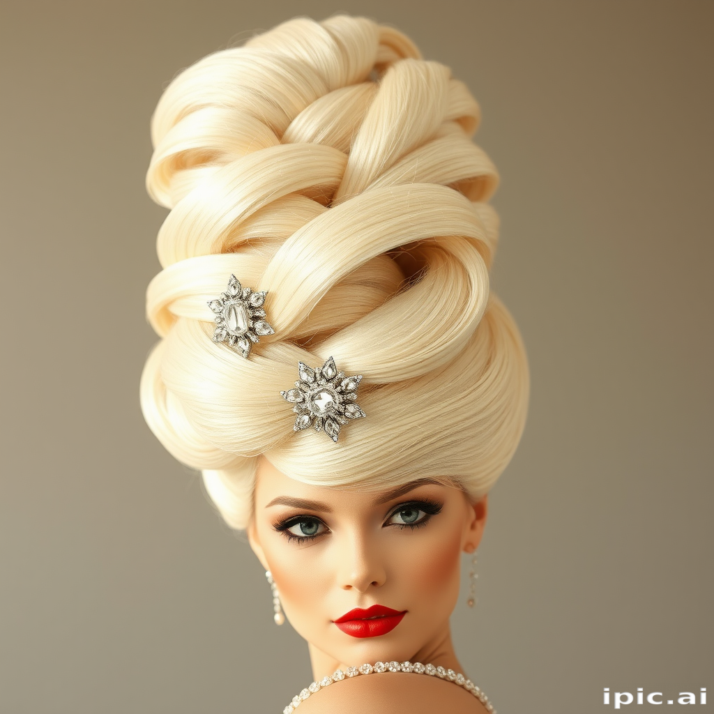 Sophisticated platinum blonde beehive titled Retro Glamour featuring a towering structure of intricately teased and sculpted hair adorned with vintage rhinestone accessories for timeless elegance
