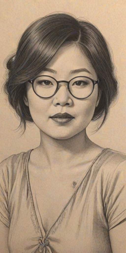 Charming Margaret Cho, pencil sketch, portrait of Resplendent woman 1922s in glasses, hair style beatnik, outline, clear lines, fine lines, 8k