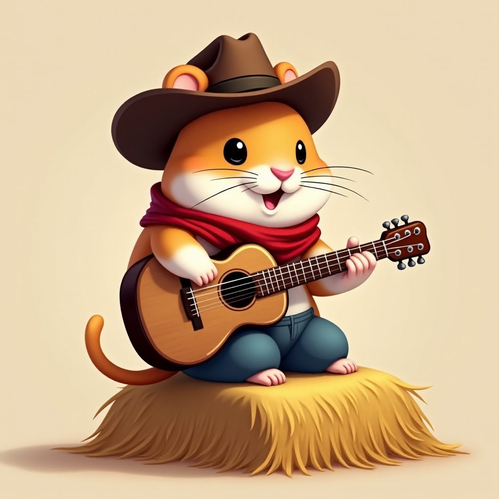 A chibi hamster, dressed as a cowboy, playing guitar, sitting on a hay bale