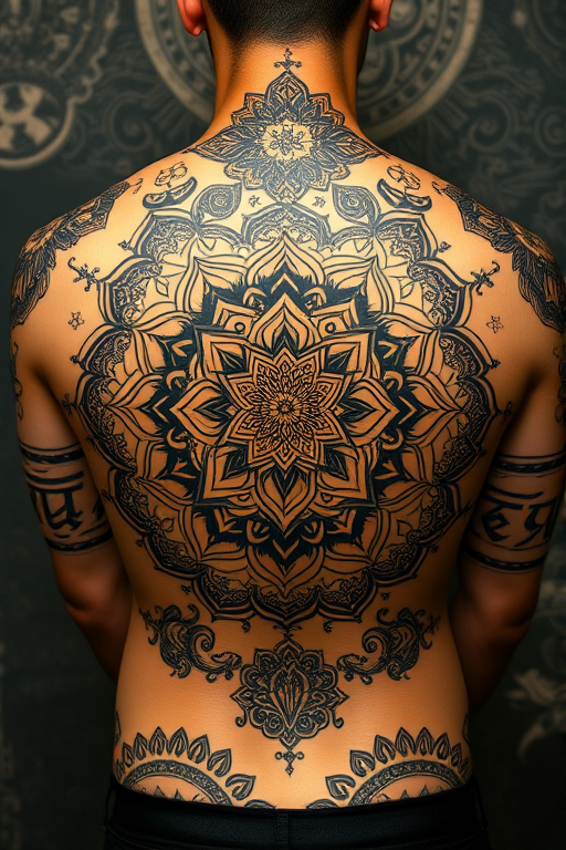 Ornate mandala tattoo covering the entire back with intricate patterns and sacred symbols in black and gold ink creating a stunning contrast against the skin
