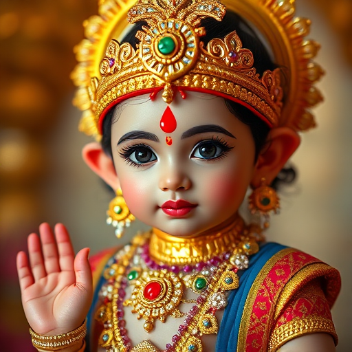 Generate a high-resolution image of a divine child deity with intricate jewelry and colorful attire, captured in soft focus with a Canon EOS R5, 50mm lens, f/1.8 aperture, ISO 100, using vibrant colors and a glowing background effect.