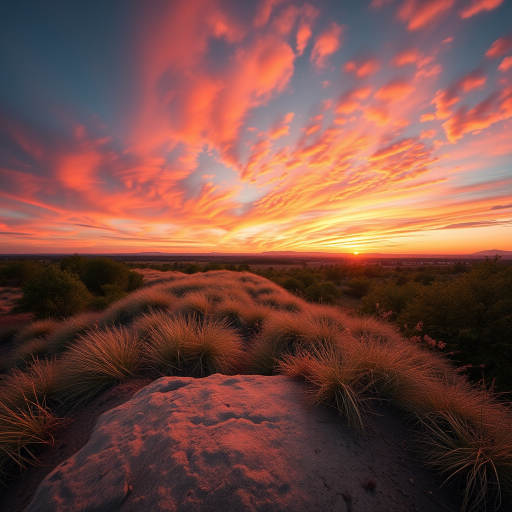 Capture a high-resolution image of a serene landscape at sunset with vibrant colors, using a Canon EOS R5 camera, 35mm lens, aperture f/8, ISO 100, 1/200 sec shutter speed, wide-angle perspective.