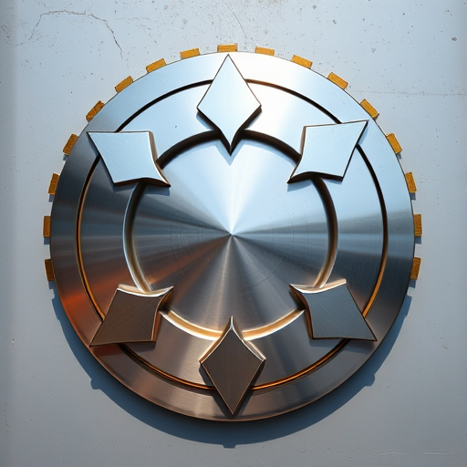 Create a high-resolution image of a metallic circular arrow design with silver and gold elements, using a Canon EOS 5D Mark IV camera, 50mm lens, f/1.8 aperture, ISO 100, and natural lighting to enhance reflections and details.