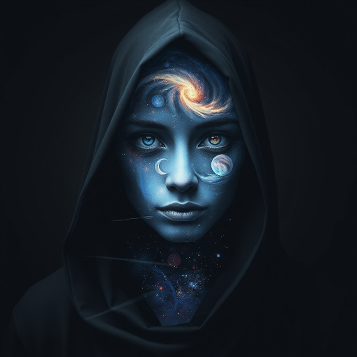A mysterious hooded figure stands silently, the dark cloak flowing around them like shadows. Beneath the hood, their face is a mesmerizing cosmic scene where swirling galaxies, radiant stars, and vibrant planets form the features. Nebulas drift where eyes should be, glowing softly, while delicate streaks of cosmic energy trace the outlines of a nose and lips. Comets streak across the vastness of their face, and faint constellations pulse with life. The entire visage shifts and evolves as if the universe itself is contained within the figure, giving an ethereal, otherworldly presence to their form.