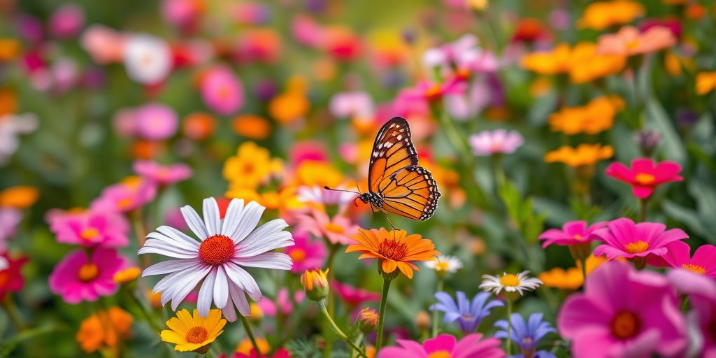 Generate an image of a vibrant garden filled with colorful flowers and greenery. Include a butterfly gracefully hovering near the blossoms, capturing the essence of a peaceful and lively natural setting. The background should be slightly blurred to emphasize the beauty of the flowers and the butterfly.