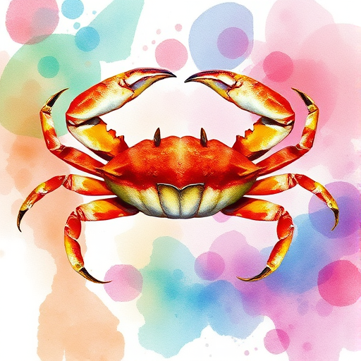 Create a vibrant watercolor illustration of a crab centered in the frame with a colorful abstract background, use a DSLR camera type, set aperture to f/4 for depth of field, shutter speed at 1/125s, ISO 200, and a 50mm lens to enhance details and texture.