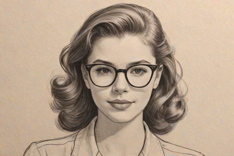 Beauteous Haliee Steinfeld, pencil sketch, portrait of Beauteous woman 1949s in glasses, hair style beatnik, outline, clear lines, fine lines, 8k