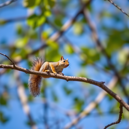 squirrel perched on a tree branch against a blue sky, shallow depth of field, natural light, 200mm lens, aperture f/4, ISO 400, shot from a slight low angle to capture detail and perspective