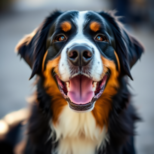A close-up portrait of a Bernese Mountain Dog with a joyful expression, captured in natural light, using a DSLR camera with an 85mm lens, aperture set to f/1.8 for shallow depth of field, ISO 100 for clarity, and a soft-focus background to enhance the dog's features.