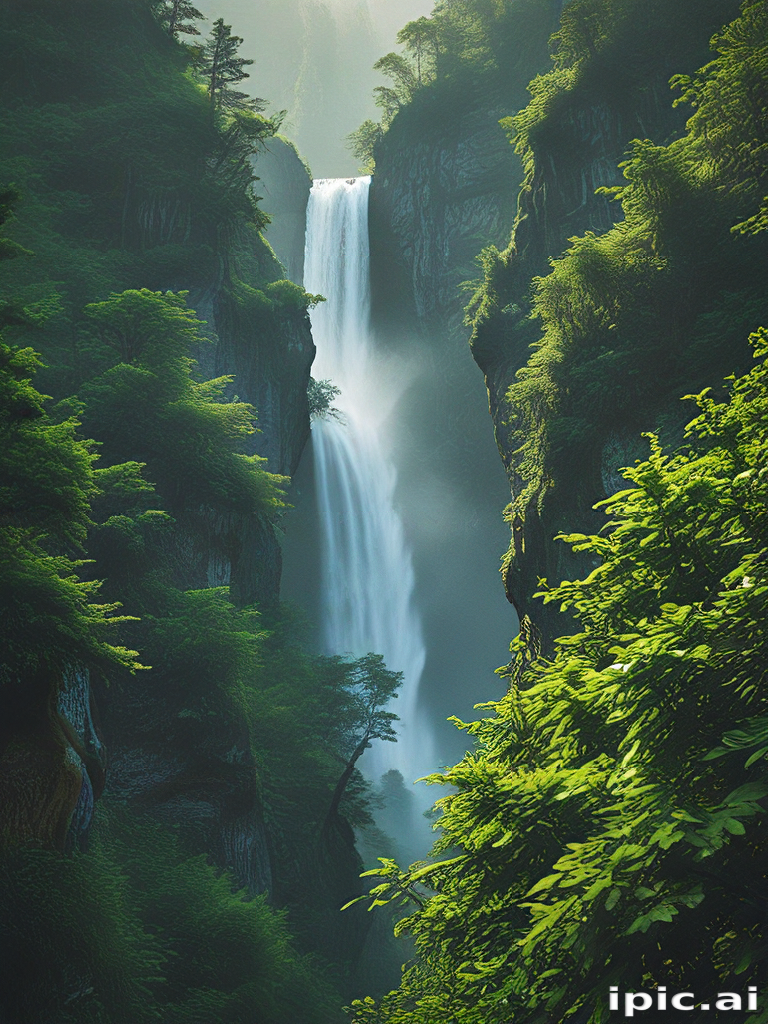 Majestic Waterfall Cascading Down Lush Green Cliffs in Serene Landscape.