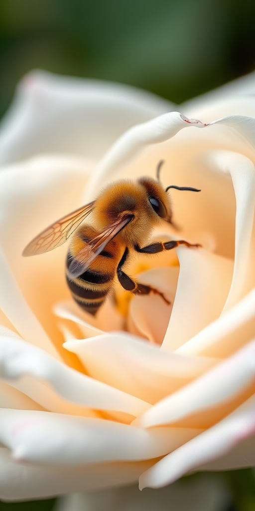close-up of a bee resting on a white rose flower, shallow depth of field, f/2.8, 1/500s, ISO 100, macro lens, soft natural lighting, DSLR camera