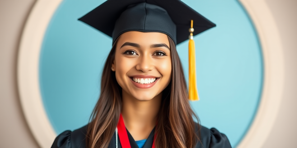 Create an image of a smiling graduate wearing a cap and gown, with a circular background featuring a light blue color, using a DSLR camera with a 50mm lens, aperture f/1.8, ISO 100, and a shallow depth of field to enhance image quality.
