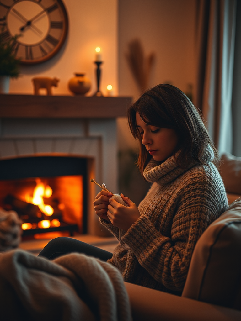 Warm, softly lit photo of a woman knitting in a cozy living room, soft glow from the fireplace casting warm shadows on the walls, the smell of wool and burning wood filling the air, and the sense of a quiet evening at home.
