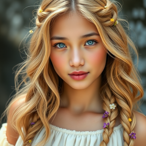 Create an image of a young Filipino woman with long, wavy blonde hair, adorned with small, colorful flowers woven into her braids and loose strands. Her complexion is fair, with soft, glowing skin, and she has light blue eyes that gaze softly at the viewer. She wears a light, flowing dress with a gentle, ethereal quality, complementing her delicate and serene appearance. The background is slightly blurred, drawing focus to her tranquil expression and the intricate details of the flowers in her hair. The overall mood of the image is one of natural beauty and grace, evoking a sense of peacefulness and connection with nature.