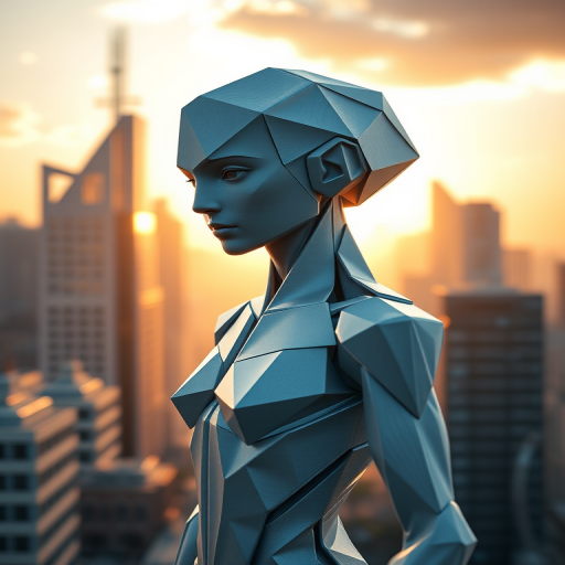 Create a highly detailed 3D render of a humanoid figure with an origami-inspired design, set against a surreal cityscape with angular architecture, at golden hour lighting, using a DSLR camera with a 50mm lens, aperture f/1.8, ISO 100, and a shallow depth of field for enhanced image quality.