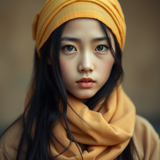 Create a portrait of a young Manchu woman with long, dark hair and captivating hazel eyes. She is wearing a Yellow headscarf and a matching scarf draped gracefully around her neck. The background is softly blurred, focusing attention on her serene and natural expression. The overall color palette is muted and warm, enhancing the intimate and authentic feel of the portrait.