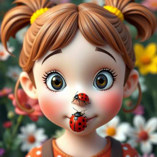 whimsical comical cartoon art Quentin Blake style, closeup portrait view of a cute girl with two ponytails in her hair, an adorable ladybug sits on her nose, funny children’s book illustration with bright colors and flowers in the background