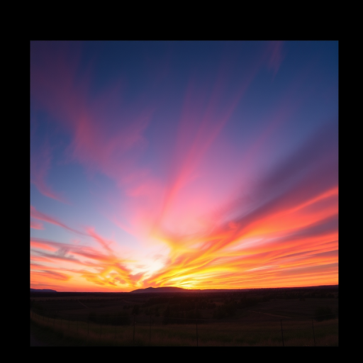 Create a vibrant sunset landscape with a wide-angle view, using a DSLR camera set to ISO 100, f/8 aperture, 1/200s shutter speed, and a polarizing filter for enhanced colors and contrast.