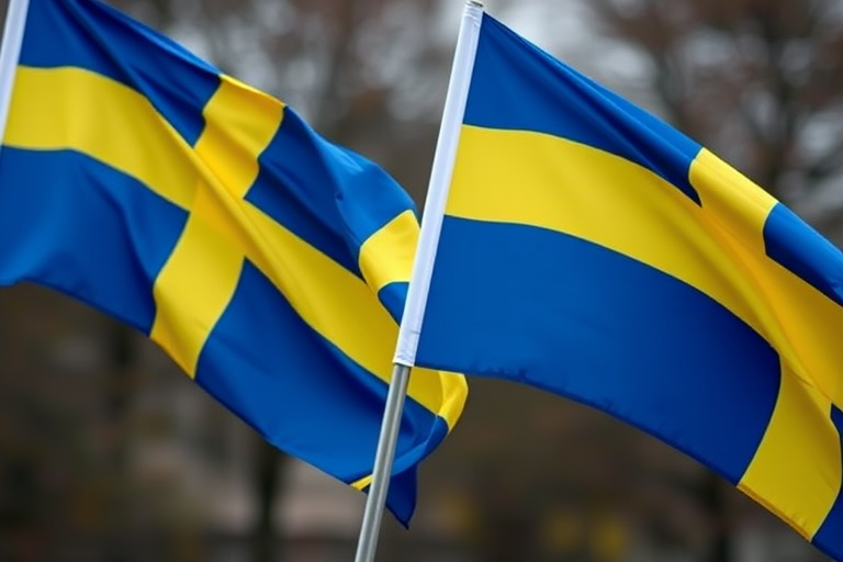 Create an image of two Swedish flags waving, use a Canon EOS R5, focal length 50mm, aperture f/2.8, ISO 100, focus on the flags with a soft blurred background, employ a vibrant color palette for clarity and impact.