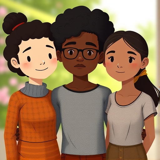 Create a high-resolution digital illustration of three stylized diverse figures standing closely together, with soft facial features and minimal detail, using a Canon EOS R5 camera with a 35mm lens, f/1.8 aperture, ISO 100, in a natural light setting with a shallow depth of field for a blurred background effect.