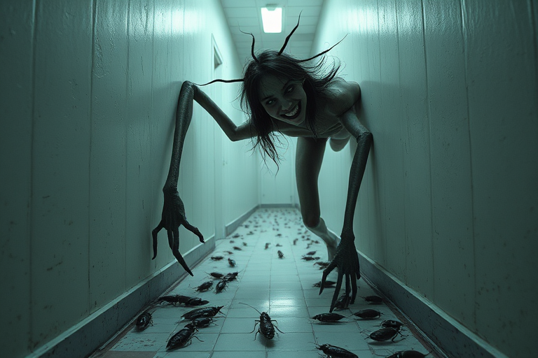 a crooked female with long arms and a creepy smile is crawling along a long white corridor and you can also see cockroaches in it there is a creepy atmosphere creepy art style