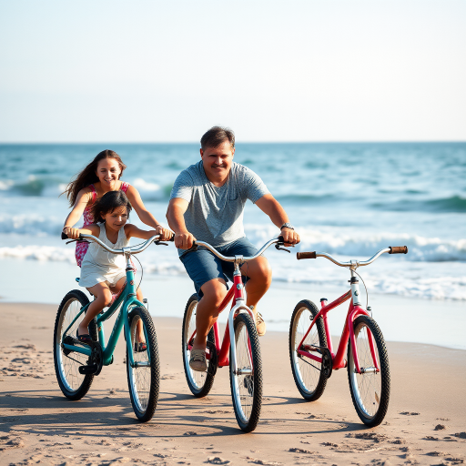 Regenerate an image of a family at the beach with two kids on bicycles, natural lighting, shallow depth of field, focus on the family with the ocean in the background, captured with a Canon EOS R5, 50mm lens, aperture f/2.8, ISO 100, shutter speed 1/200 sec.