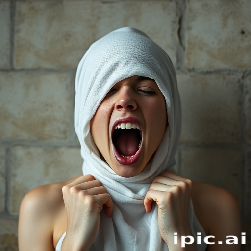 Create a close-up photographic image of the head and torso of a person with light skin tones shown against an old, worn wall. Their head is wrapped in a white cloth covering (i.e.... parts of the head except the nose and mouth, which are open as if they are screaming...), with a slight texture and visible folds in the fabric. Thin strands of blonde hair escape from the wrapping above, falling lightly at the top and sides. Their hands hold the fabric as if they are tugging nervously. The lighting is dramatic and even, casting strong shadows. The image has a minimalist and surreal style with an emphasis on simplicity with soft color tones. The composition is centered.
