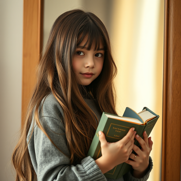 Regenerate the image of a girl with long hair holding books in front of a mirror, captured with a DSLR camera, 50mm lens, f/1.8 aperture, ISO 100, soft natural lighting, shallow depth of field, and a slight bokeh effect in the background.