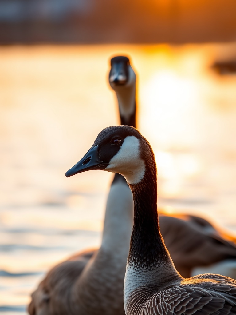 Capture a close-up shot of two geese by the water's edge during golden hour, using a DSLR camera with a 50mm lens, aperture f/2.8, ISO 100, and a shutter speed of 1/200s, ensuring the background is softly blurred to emphasize the birds.