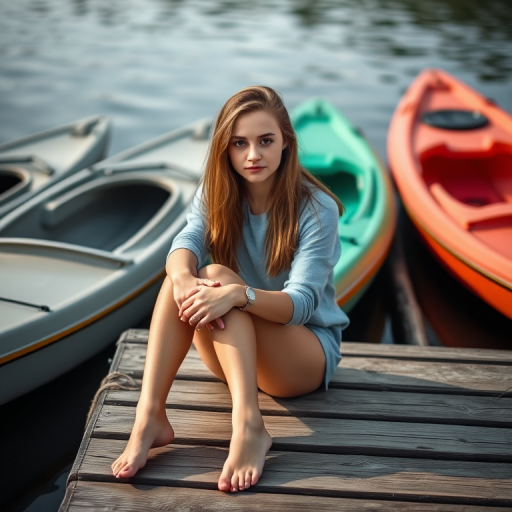 A young woman sitting on a dock next to kayaks, wearing casual clothing and barefoot, with a pensive expression, natural light, shallow depth of field, captured with a DSLR camera at f/2.8, ISO 100, and a 50mm lens, focusing on her while softly blurring the background.