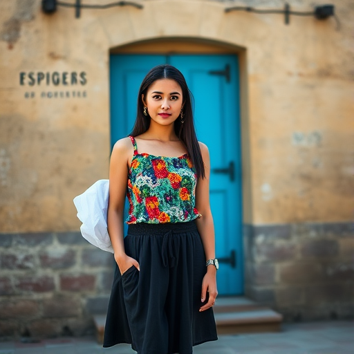 Regenerate a vibrant image of a young woman in a colorful top and dark skirt standing against a rustic building with a bright blue door, using a DSLR camera with a 50mm lens, aperture f/1.8, ISO 200, natural lighting, portrait orientation, and a shallow depth of field for enhanced background blur.