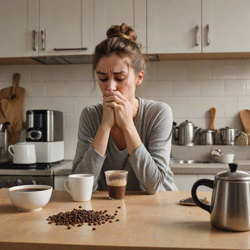 A portrait capturing a humorous and relatable scene of morning exhaustion. A woman with a messy bun, is slumped over a kitchen table, head resting on the surface in apparent fatigue. Despite their exhaustion, they are attempting to pour coffee from a pot, but instead of pouring the coffee into the mug she is pouring it onto the kitchen table. The kitchen setting is minimal, with simple countertops and a tiled backsplash in the background. Scattered coffee beans and an empty cup add to the sense of early morning chaos. The overall mood is lighthearted, portraying the struggle of waking up and the desperate need for coffee in a comedic yet relatable way.