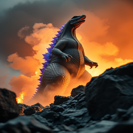 a towering dinosaur-like creature resembling Godzilla, emerging from rocky terrain with flames and smoke in the background, captured with a DSLR camera, 24mm lens, f/8 aperture, ISO 100, at a low angle to emphasize height, in high dynamic range, vibrant colors and sharp details