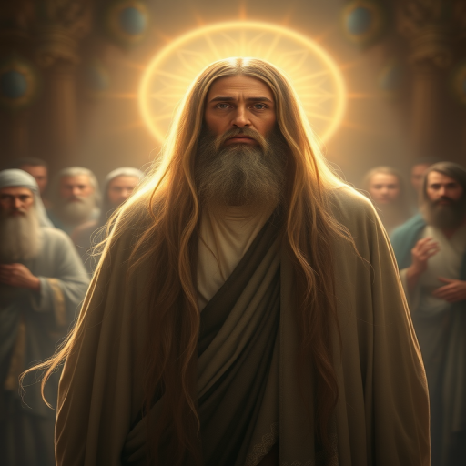 Create an ethereal depiction of a figure resembling a religious leader with long flowing hair and a serene expression, backlit by a radiant glow, set against a softly blurred background of historical figures; use a Canon EOS R5 camera, 85mm lens, f/1.8 aperture, ISO 100, and soft lighting to enhance the image quality.