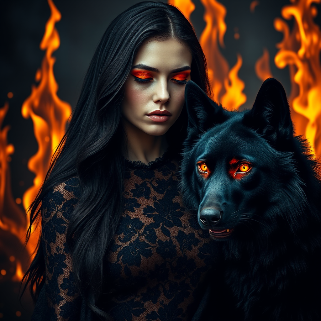 A woman with long dark hair, wearing a black lace dress that seamlessly blends into her skin with intricate floral patterns. She is in the foreground, with a black wolf beside her; its fur is midnight black, and it has glowing, intense, orange eyes that match hers. Her eyes are partially closed with burning embers above them, giving a fiery and mystical aura. The background is engulfed in tall, roaring flames, contributing to an overall dark and supernatural atmosphere. The colors are intense, predominantly black, fiery orange, and deep reds, with sharp contrast highlighting the mysterious and fierce theme. The flames are bright and dynamic, casting dramatic light and shadow, illuminating the woman and wolf while leaving parts in near darkness. The image evokes a sense of otherworldly power and connection between the woman and the wolf.
