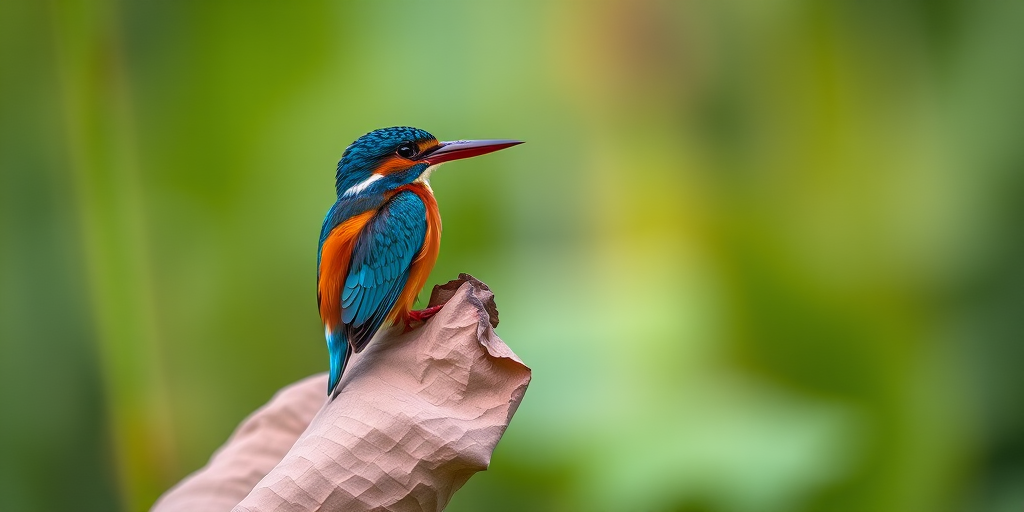 a vibrant kingfisher perched on a dried lotus leaf against a soft-focus green background, shot with a Canon EOS R5, 85mm f/1.4 lens, ISO 200, shutter speed 1/1600s, in natural light with a shallow depth of field for sharpness and clarity