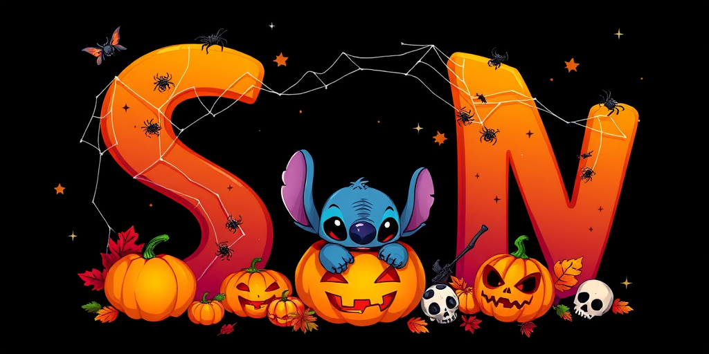 A whimsical and vibrant Halloween-themed digital illustration featuring the letter "S" adorned with spider webs, small bats, and cute spiders. At the base of the letter, a playful alien character similar to Stitch is peeking out from inside a carved pumpkin with glowing eyes, surrounded by additional pumpkins, a small skull, and autumn leaves. The letter is gradient-colored from orange to purple, adding a magical atmosphere to the scene, black background