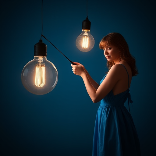 A woman in a blue dress fishing for light bulbs in a large light bulb on a dark blue background, enhanced with soft lighting, shot with a DSLR camera at f/2.8, 50mm lens, with a high dynamic range to capture details in both shadows and highlights.