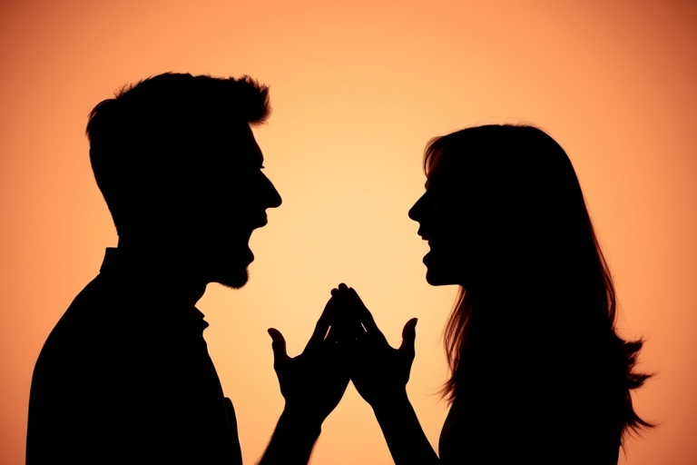 Create a high-contrast silhouette image of two people facing each other and shouting, with a smooth gradient background, using a DSLR camera with a 50mm lens, aperture at f/1.8, ISO 100, shot in portrait orientation to enhance focus on the subjects' profiles and expressions.