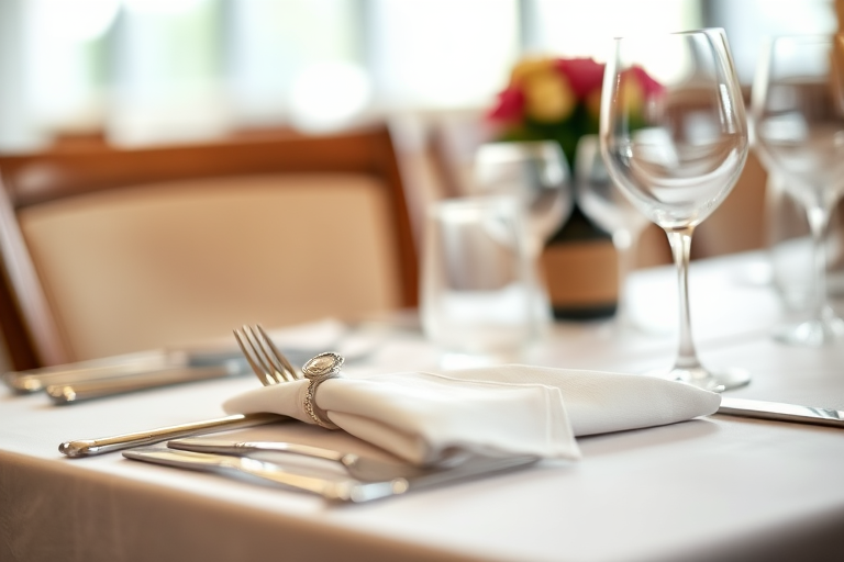 a beautifully set dining table with elegant silverware and a neatly folded white napkin, soft natural lighting, shallow depth of field, f/2.8 aperture, 50mm lens, ISO 200, DSLR camera, macro view, soft focus background