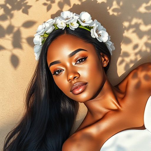 create a watercolor painting of an ethereal portrait of beautiful Afro-Caribbean woman with a simple white flower crown on her head. Her hair is long and she is lying on the ground. The sunlight on the trees casts shadows from the leaves on her face and body. The background is a neutral brown color that matches her skin tone. The image is minimalist and solid colors. This style is characterized by soft, delicate brushstrokes and a light, airy, contrasting color palette. High level of detail and play of light